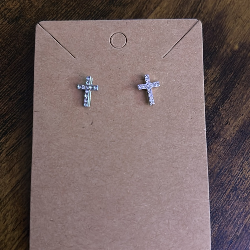 Dainty Crystal Cross Stud Earrings - Silver Tone